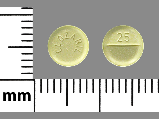 yellow round Pill with imprint clozaril 25 tablet for treatment of with Adv...