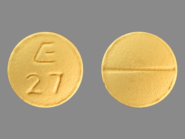 yellow round Pill with imprint e 27 tablet