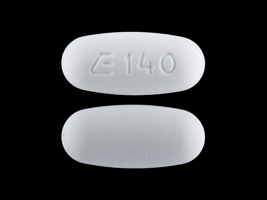 white oval Pill with imprint e140 tablet, coated for treatment of Arthritis...