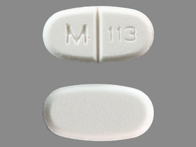 white oval Pill with imprint m 113 tablet for treatment of with Adverse Rea...