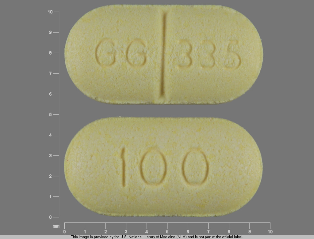 yellow oval Pill with imprint 100 gg 335 tablet for treatment of with Adver...