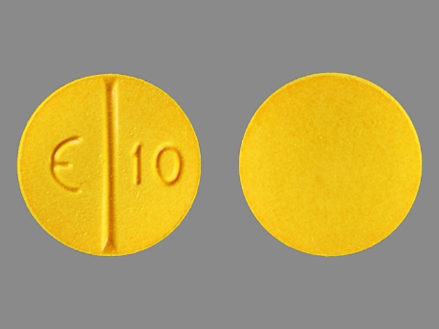 yellow round Pill with imprint e10 tablet for treatment of Arthritis, Rheum...