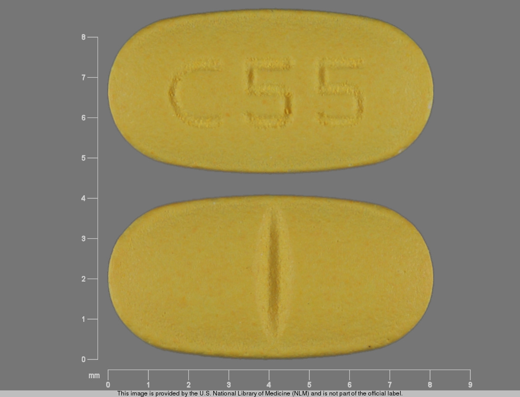 yellow oval Pill with imprint c 55 tablet, film coated for treatment of Fee...